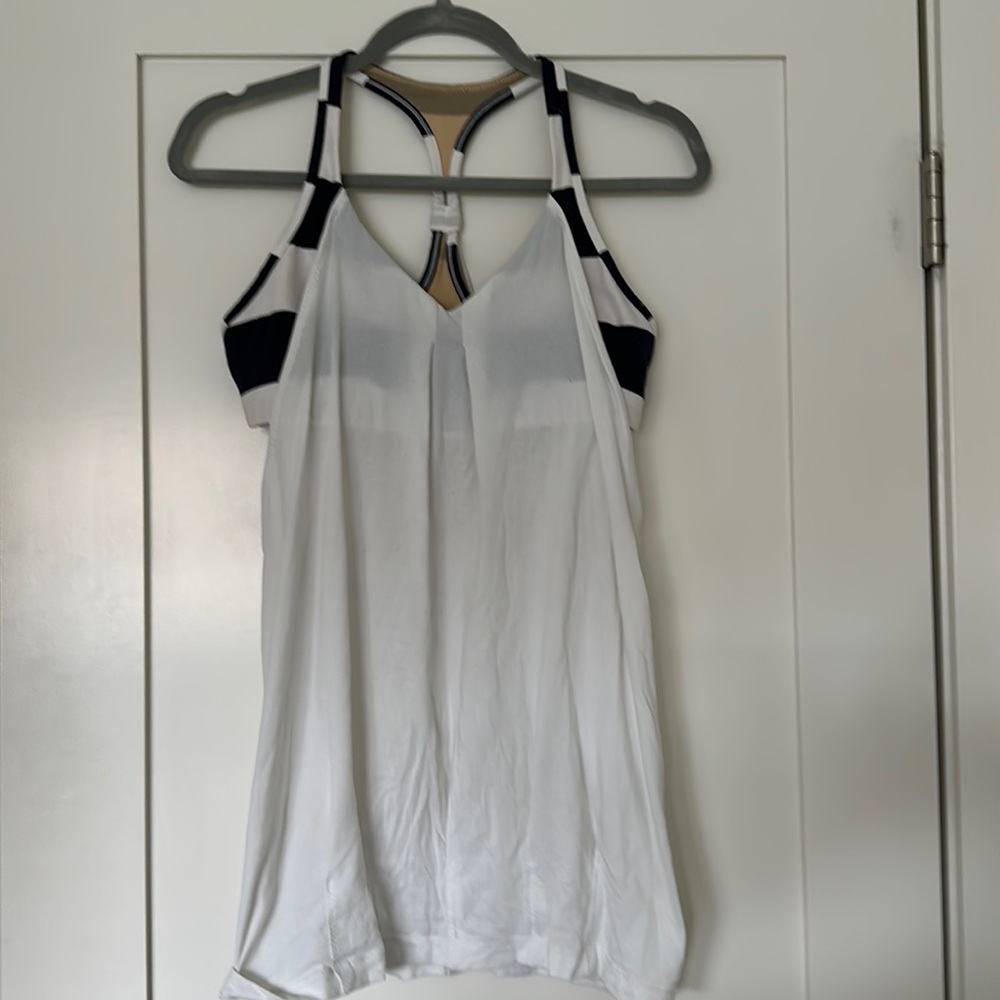 White and navy blue Lulu lemon workout top with built in bra